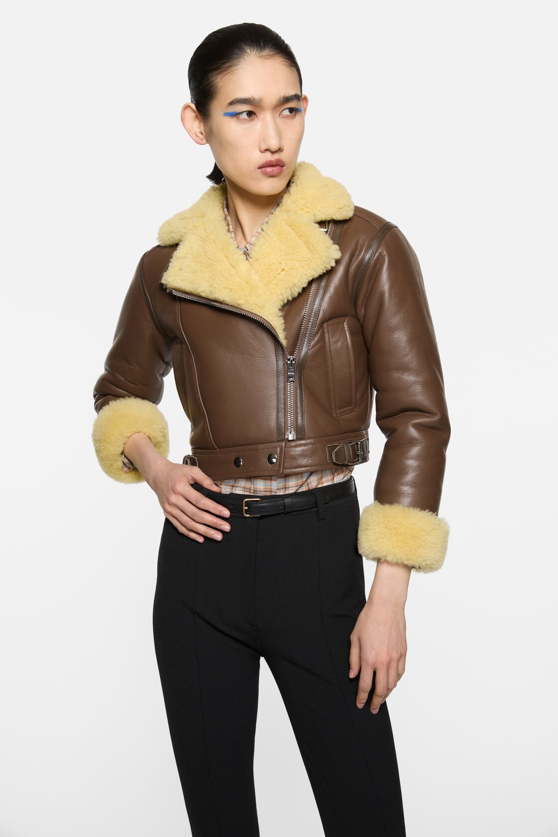 Acne Studios Shearling biker jacket - Mid brown/pale yellow
