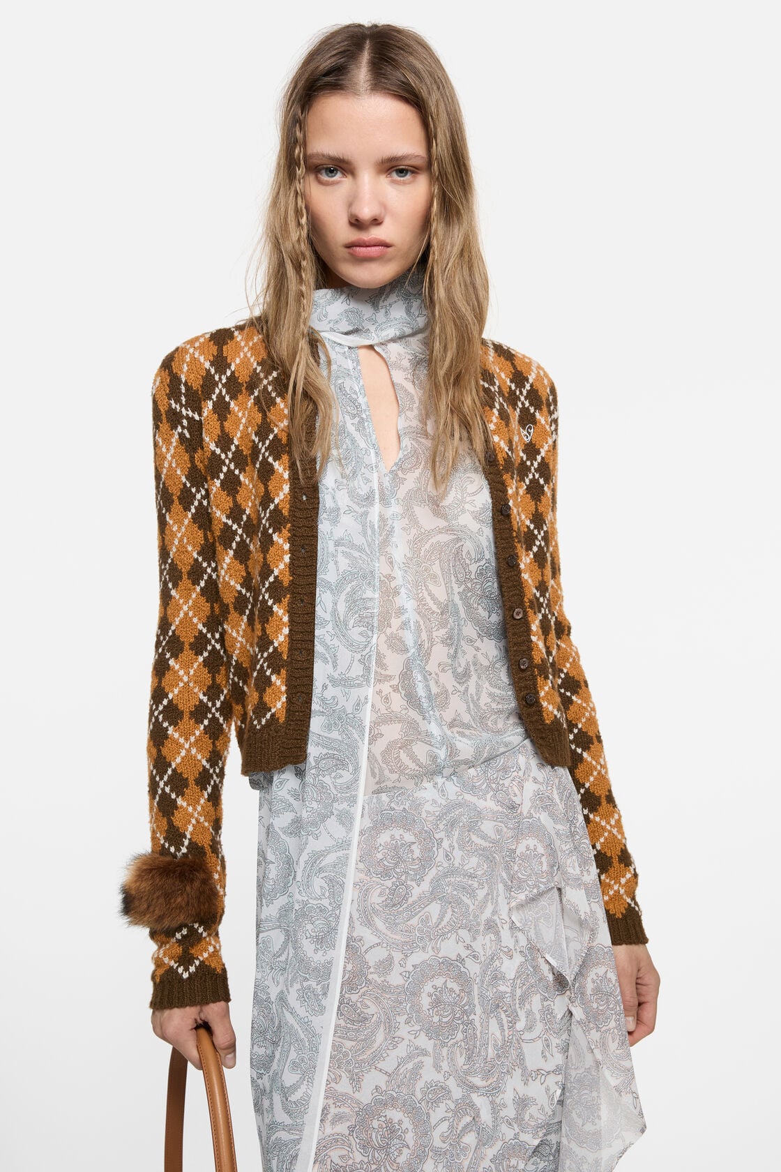 Acne Studios Bouclé Argyle Knit Cardigan - Brown/orange