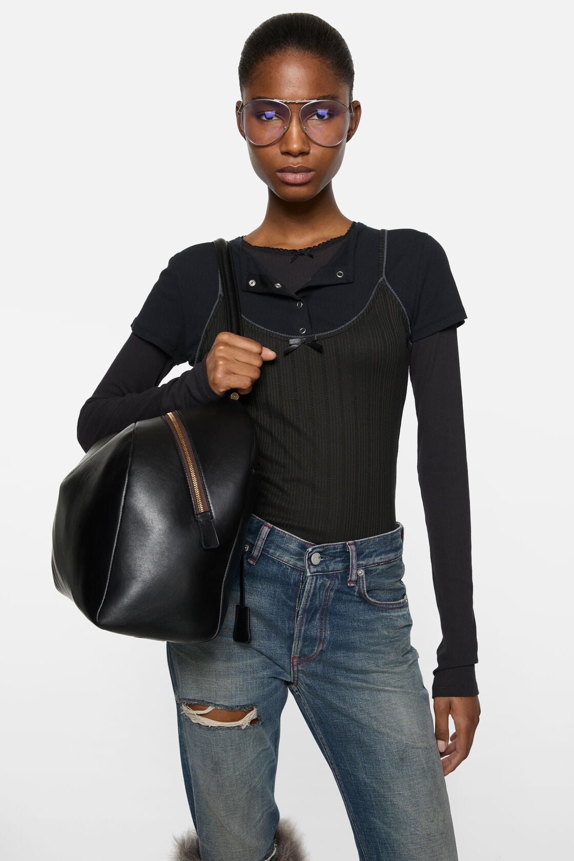 Acne Studios Layered jersey shirt with bow - Black