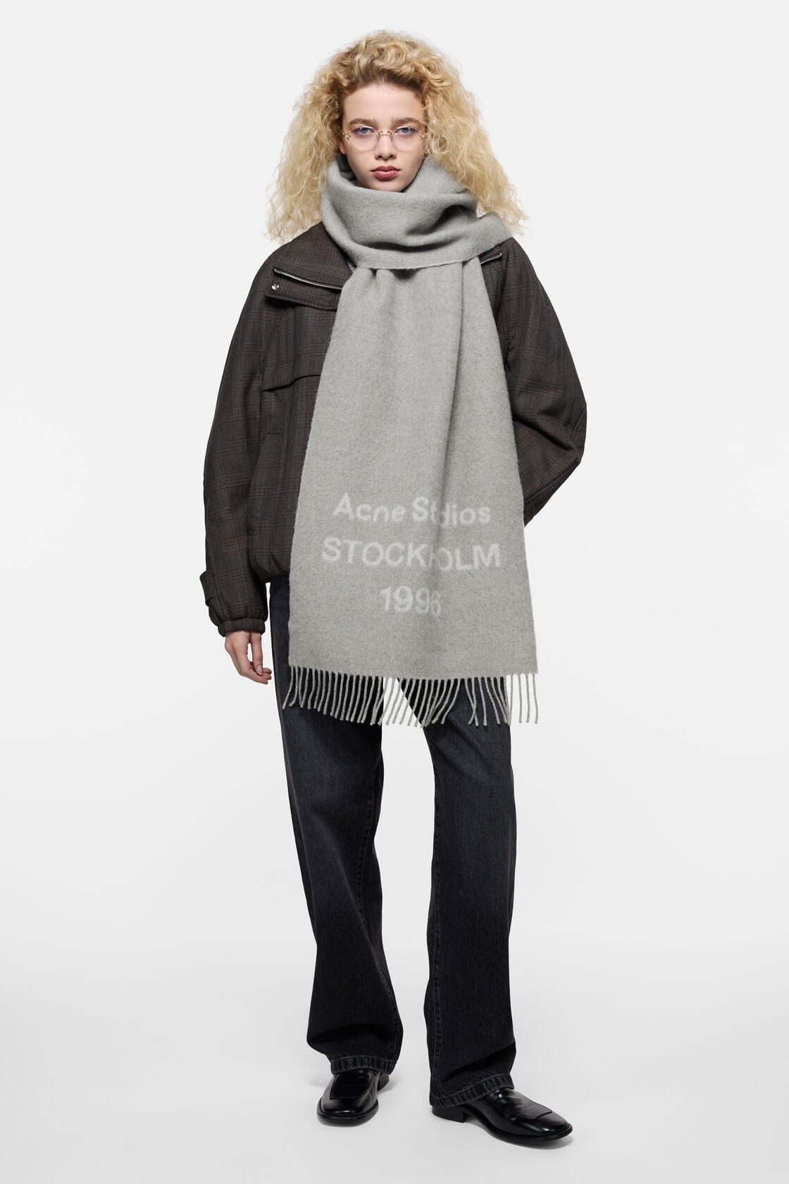 Acne Studios Logo scarf - Wide - Light Grey Melange / White