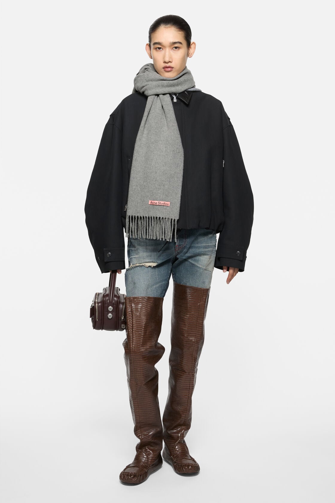 Acne Studios Fringe wool scarf - Narrow - Light Grey Melange